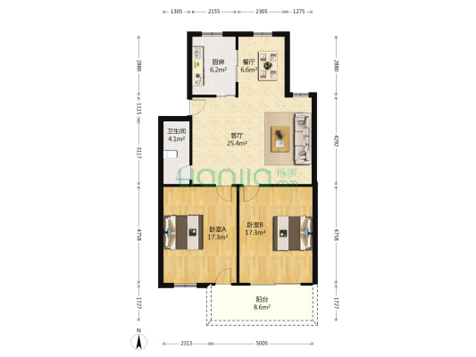 龟湖路一百九十七弄 2室2厅1卫 87平方