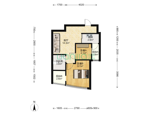 阳光华城华景园 2室1厅1卫 53平方