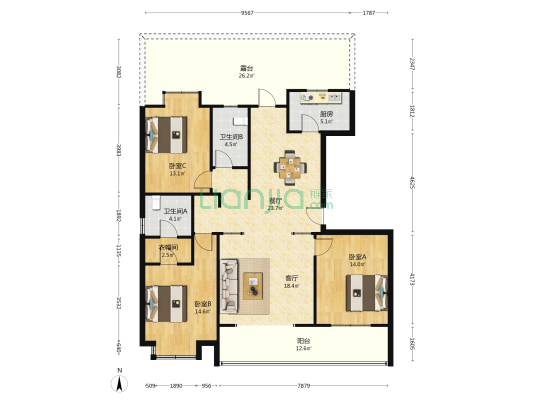 鑫光公寓 3室2厅2卫 136平方