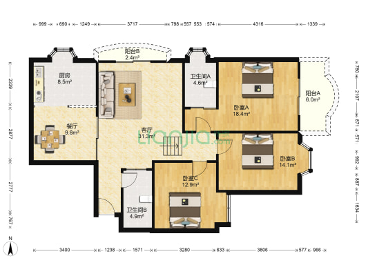 时尚欧洲 3室2厅2卫 141平方