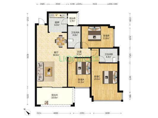 海都文化广场 3室1厅2卫 117平方