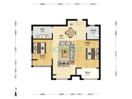 锐轩财富广场 2室1厅1卫 105平方