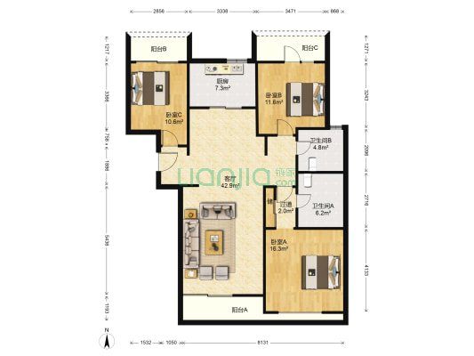 花木绿城锦绣兰庭 3室1厅2卫 148平方