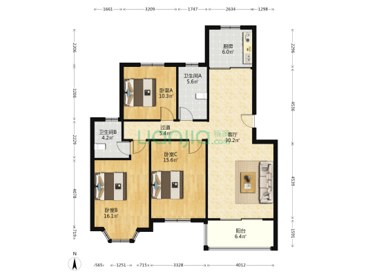 哈佛星城 3室1厅2卫 117平方