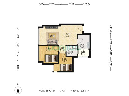 深物业金领 2室1厅1卫 65平方