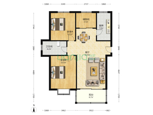 恒达世纪新城 2室1厅1卫 107平方