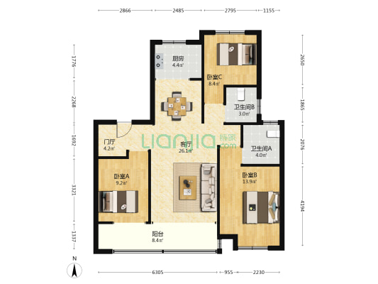 远洋潮起东方A4地块 3室1厅2卫 117平方
