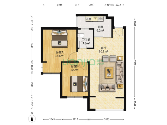 龙域都市兰亭 2室1厅1卫 81平方