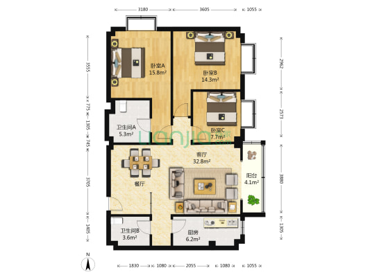 园湖苑 3室1厅2卫 119平方