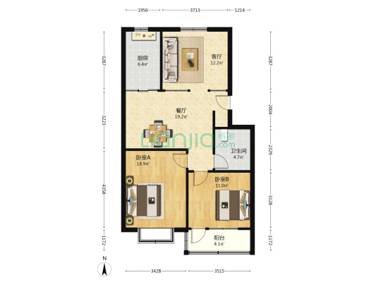 月湖嘉园 2室2厅1卫 90平方