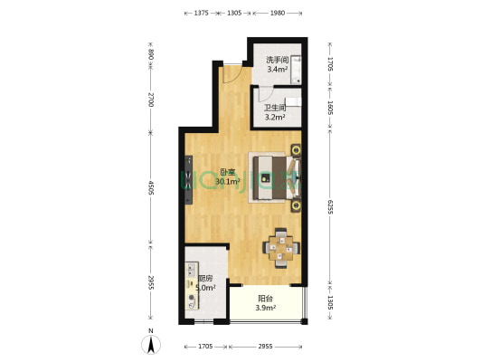  1室0厅2卫 59平方