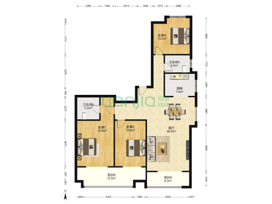 西港雅苑 3室1厅2卫 174平方