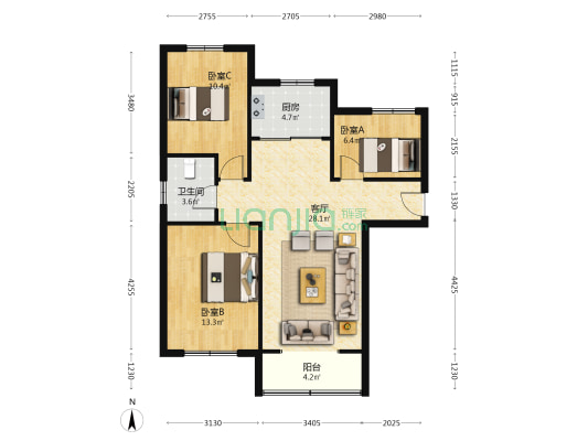 狮子城北区南北通透三居室，随时签约-户型图