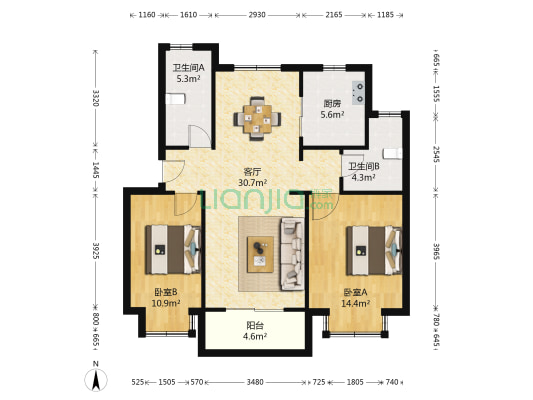 金山浜花园C区 2室1厅2卫 135平方