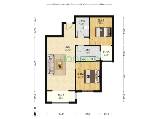 香港豪庭 2室1厅1卫 85平方