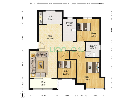 彩虹新城北区 3室1厅2卫 116平方