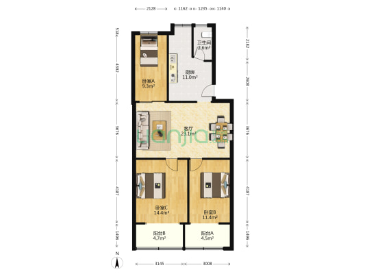 砂子塘教育局宿舍 3室1厅1卫 94平方