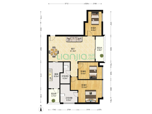 锦庐花园 3室1厅2卫 87平方