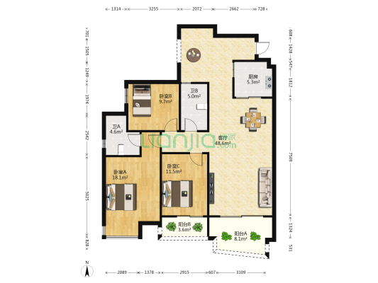 五源河公寓A区 3室1厅2卫 127平方