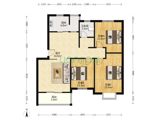 学府名邸住宅小区 3室1厅1卫 107平方