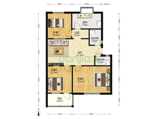 招待所改造区 3室1厅2卫 92平方