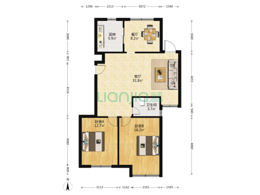 同济城市雅筑 2室2厅1卫 92平方