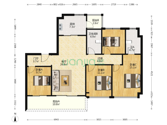 天湖湾 4室1厅2卫 140平方