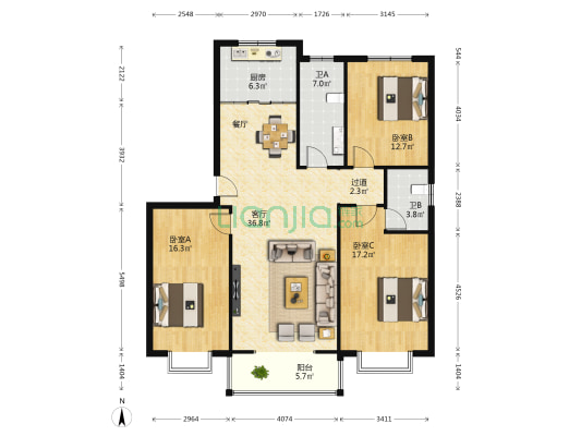 怡和苑东区 3室1厅2卫 136平方