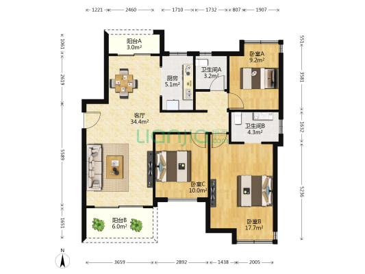 新力合园 3室1厅2卫 108平方