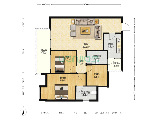 梧桐馨园南区 3室1厅2卫 108平方