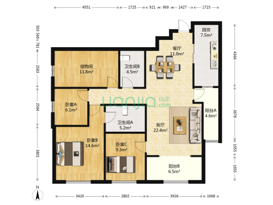 金尚俊园 3室2厅2卫 143平方