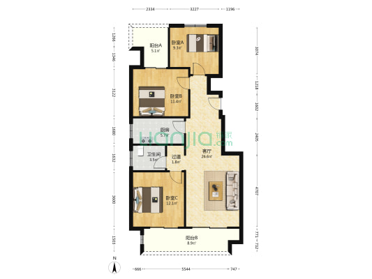 润泓东榕府 3室1厅1卫 102平方