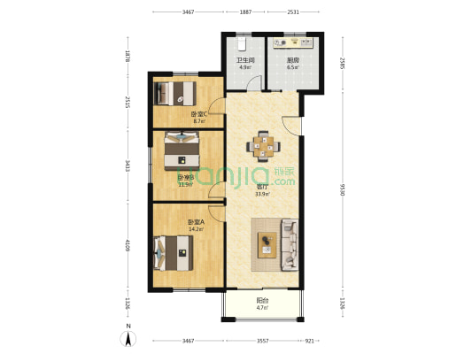 丽景苑 3室1厅1卫 109平方