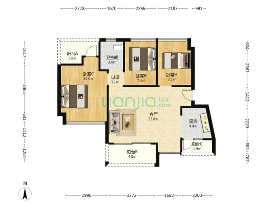 君华时代花园 3室1厅1卫 88平方