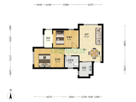 朗悦公园府悦桐苑 2室1厅1卫 68平方