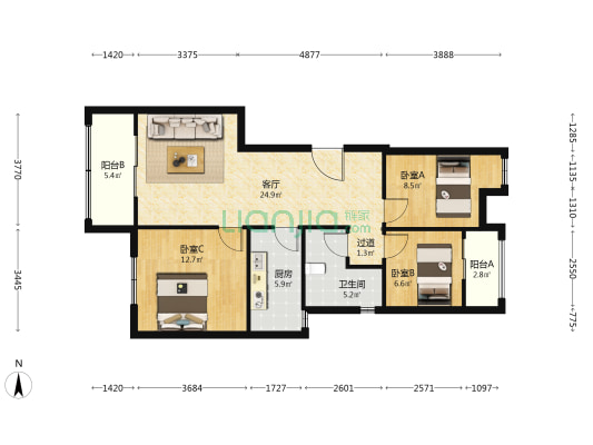 华景川丽晶悦府 3室1厅1卫 92平方