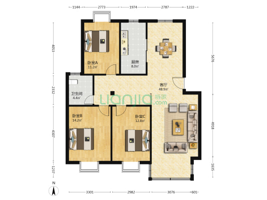 杨坝花园 3室1厅1卫 119平方