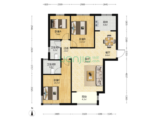 富丽华庭 3室2厅2卫 121平方