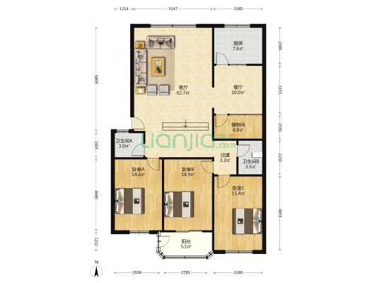 经贸委家属楼 3室2厅2卫 153平方