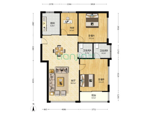 北门街 3室1厅2卫 120平方