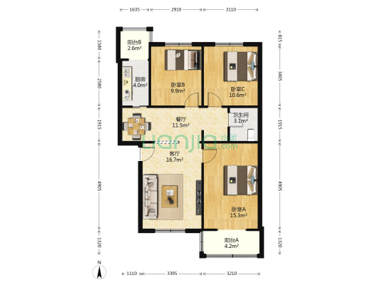 驿都公寓 3室2厅1卫 96平方