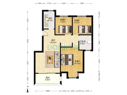 山水金盾花园 3室1厅1卫 89平方