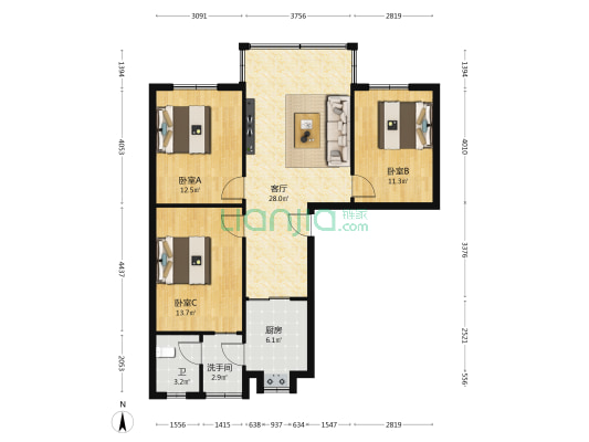 双林路24号院 3室1厅2卫 88平方
