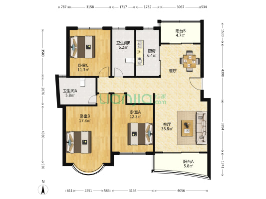 中虹花园虹韵家园 3室1厅2卫 132平方