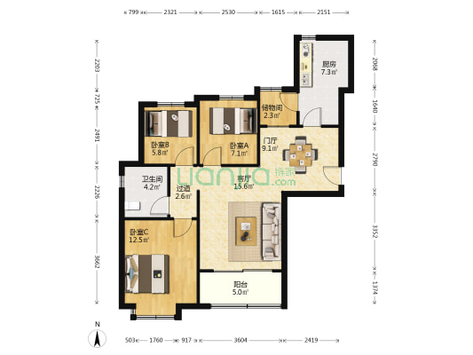 恒大翡翠湾 3室1厅1卫 105平方