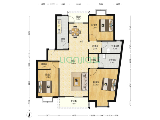 东茂家苑 3室1厅2卫 129平方