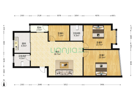 溪中东路66号 3室1厅2卫 115平方