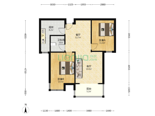 金品时代全阳两居，中低楼层采光好-户型图