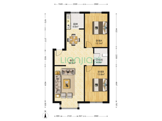 富云新都东区 2室1厅1卫 91平方