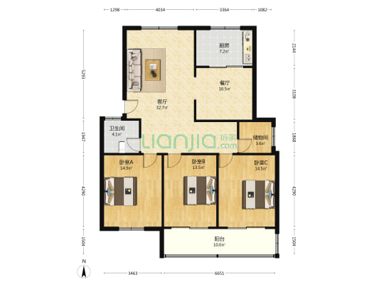 丽都华庭 3室2厅1卫 138平方